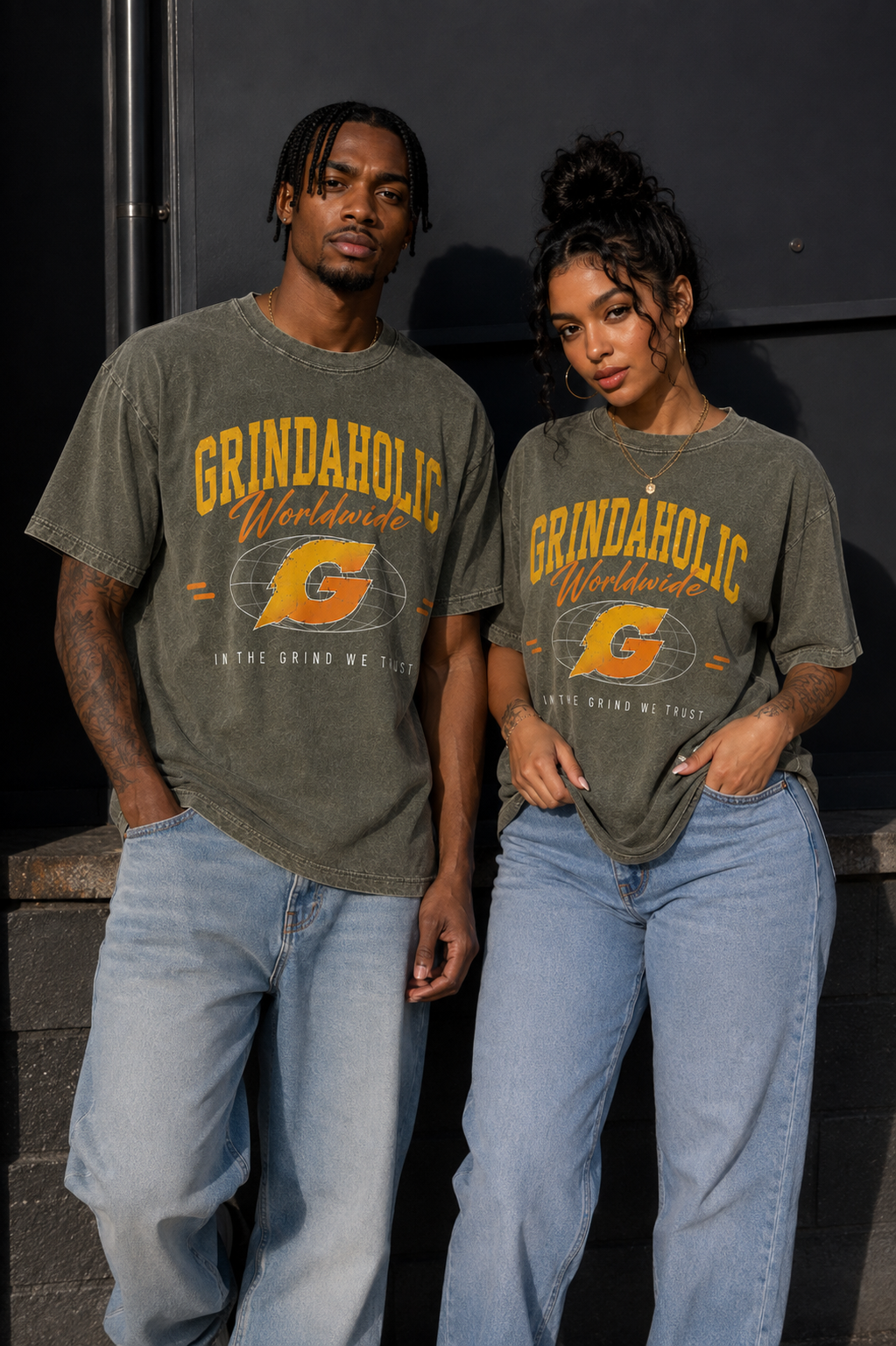 Grindaholic Worldwide League Tee — Moss/Orange
