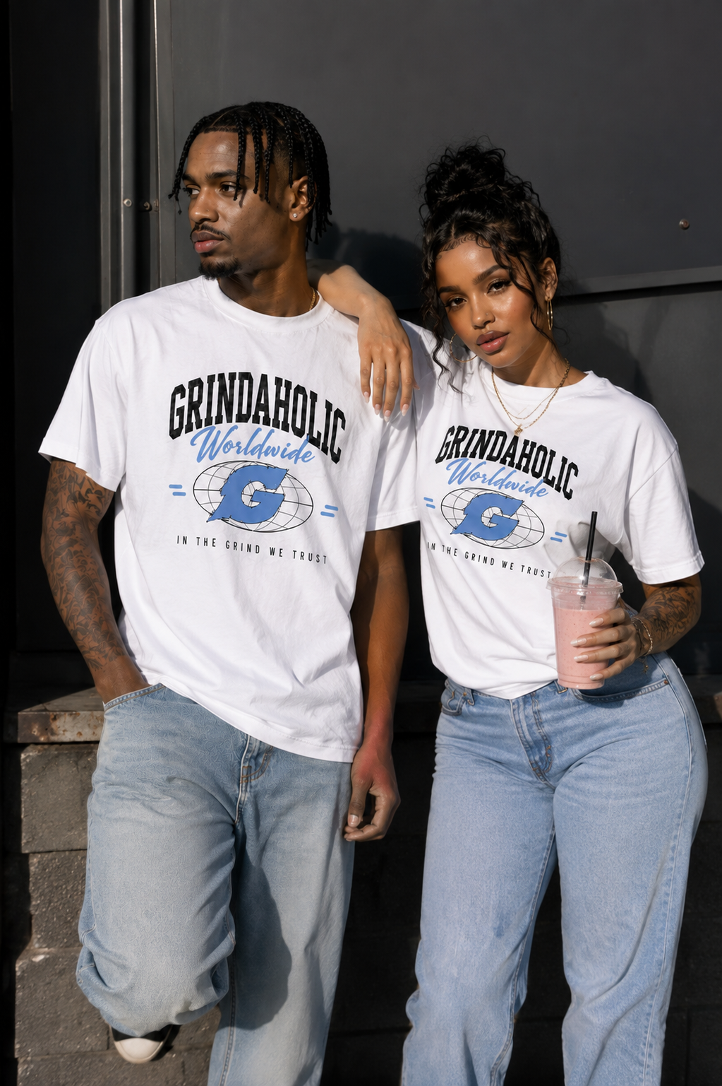 Grindaholic Worldwide League Tee – White / Blue / Black